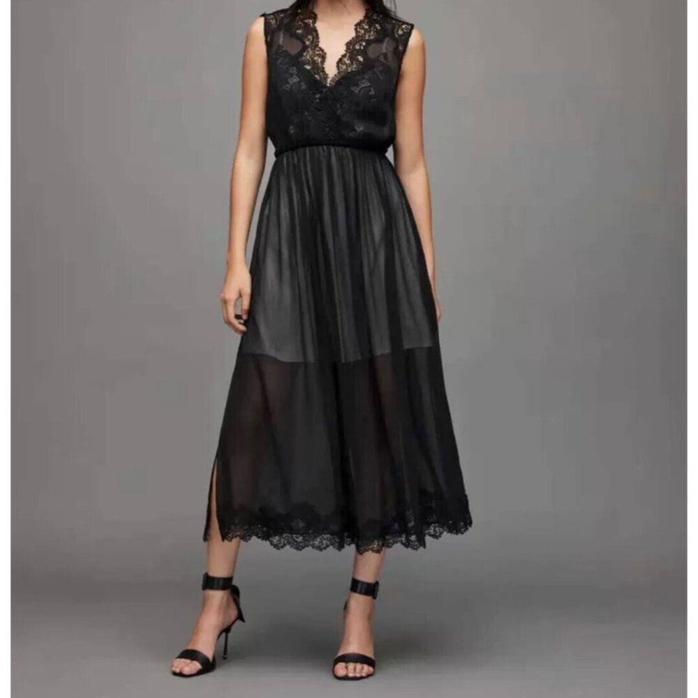$419 NWT ALLSAINTS Sara Lace Midi Black Dress Size 8 - Picture 2 of 14